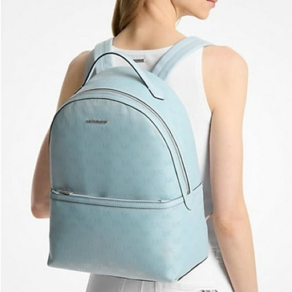 Michael Kors Handbags - Michael Kors Sheila Large Woven Logo Nylon backpack Sky Blue Jacquard Laptop Bag